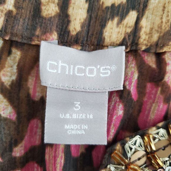 Chicos Womens Beaded Animal Print Tunic Top Size 16 Embellished Neckline Sheer - Picture 6 of 10